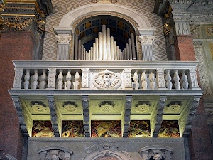 organo, balaustra, canne, arco, chiesa, balcone, colonnine, musica, balconata, colonne, stemma, capitelli, fregi