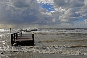 mare, onde, nuvole, pontile, mareggiata, spiaggia, burrasca