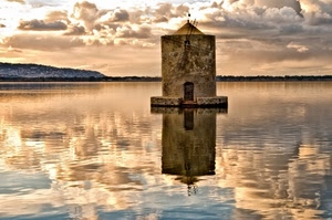riflesso, nuvole, acqua, mulino, lago, torre, pale, cielo