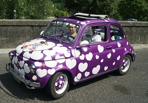 viola, cuori, cinquecento, automobile, macchina, ruote, auto, bianco, fiat